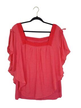 ALYX Womens Square Neck Coral Blouse With Ruffle Sleeves & Bow Detail Size 1X